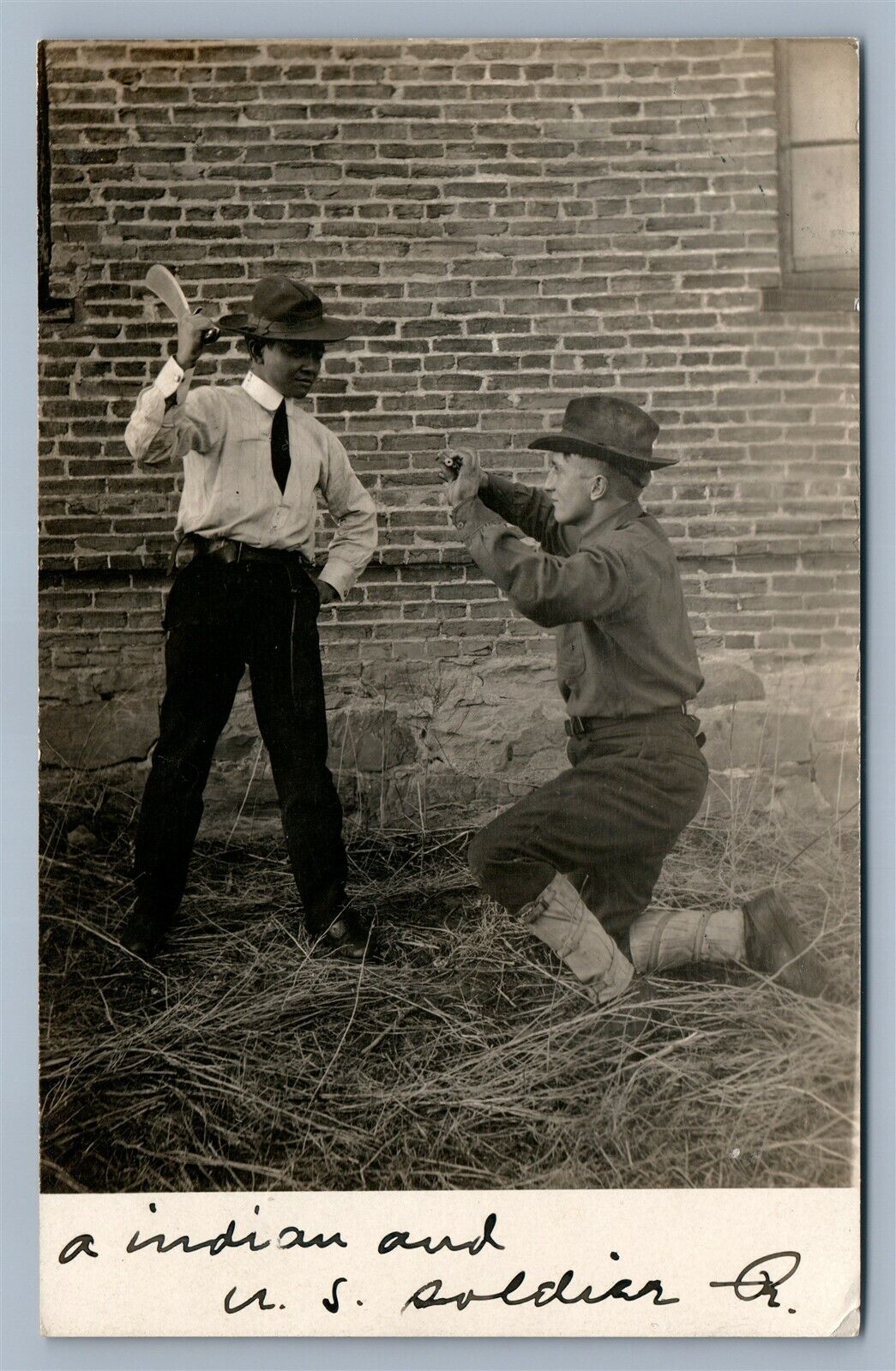 AMERICAN INDIAN w/ MACHETE & US SOLDIER ANTIQUE REAL PHOTO POSTCARD RPPC