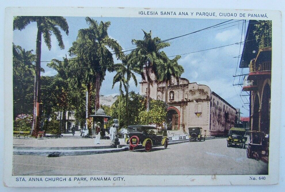 VINTAGE POSTCARD - ST.ANA CHURCH & PARK PANAMA CITY STREET SCENE OLD CARS