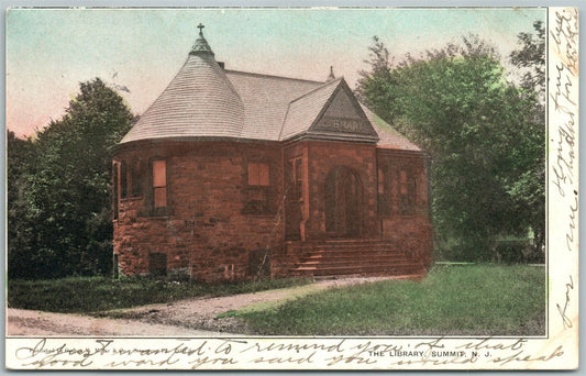 SUMMIT NJ THE LIBRARY 1908 ANTIQUE POSTCARD w/ CORK CANCEL