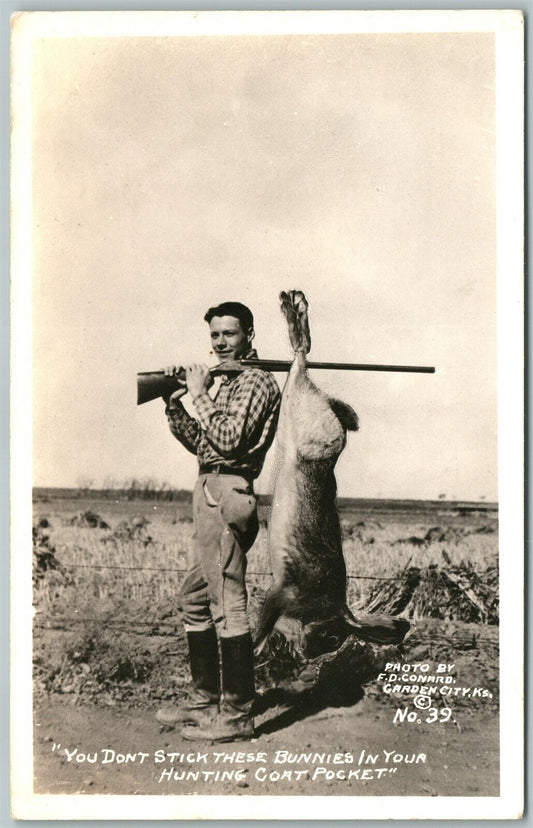 EXAGGERATED JACK RABBIT VINTAGE REAL PHOTO POSTCARD RPPC HUNTER