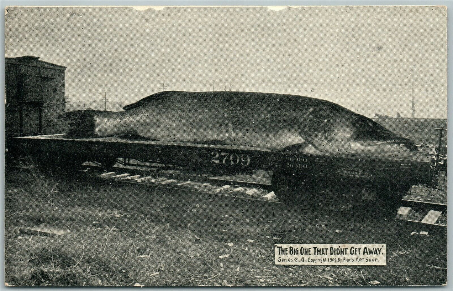 EXAGGERATED FISHING ANTIQUE POSTCARD HUGE FISH ON RAILROAD CAR