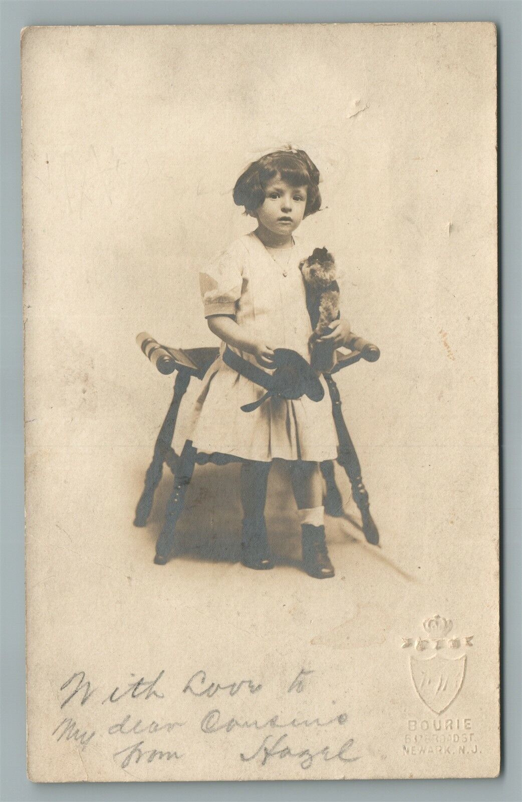 NEWARK NJ GIRL w/ LITTLE DOG ANTIQUE REAL PHOTO POSTCARD RPPC