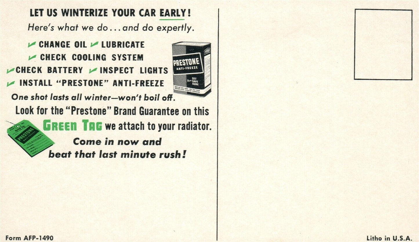 PRESTONE ANTI-FREEZE ADVERTISING VINTAGE POSTCARD car automobile