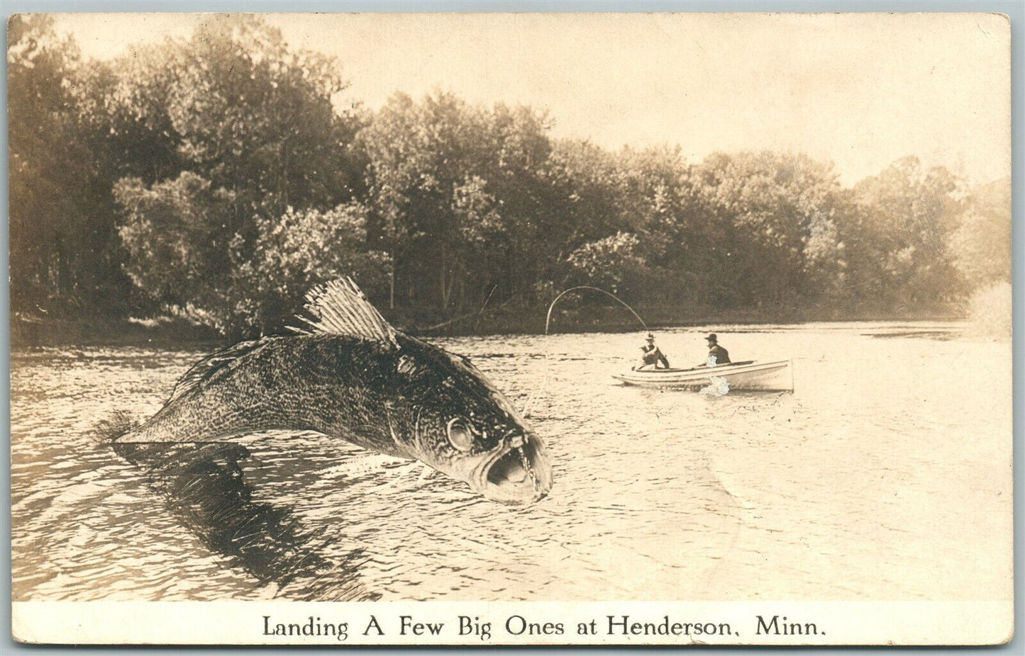 HENDERSON MN EXAGGERATED FISHING 1917 ANTIQUE REAL PHOTO POSTCARD RPPC