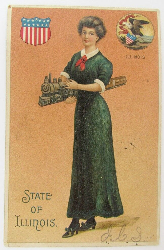 STATE OF ILLINOIS ANTIQUE POSTCARD by LANGSDORF & CO TRAIN railroad railway