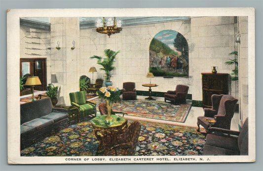 ELIZABETH N CARTERET HOTEL LOBBY ANTIQUE POSTCARD