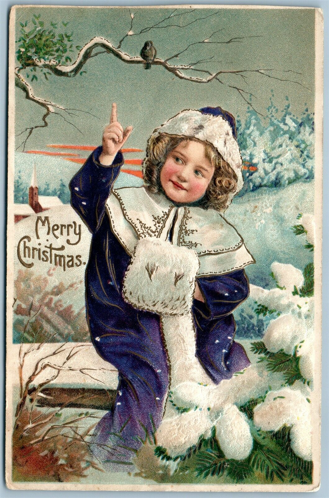 GIRL in BLUE ROBE EMBOSSED MERRY CHRISTMAS ANTIQUE POSTCARD