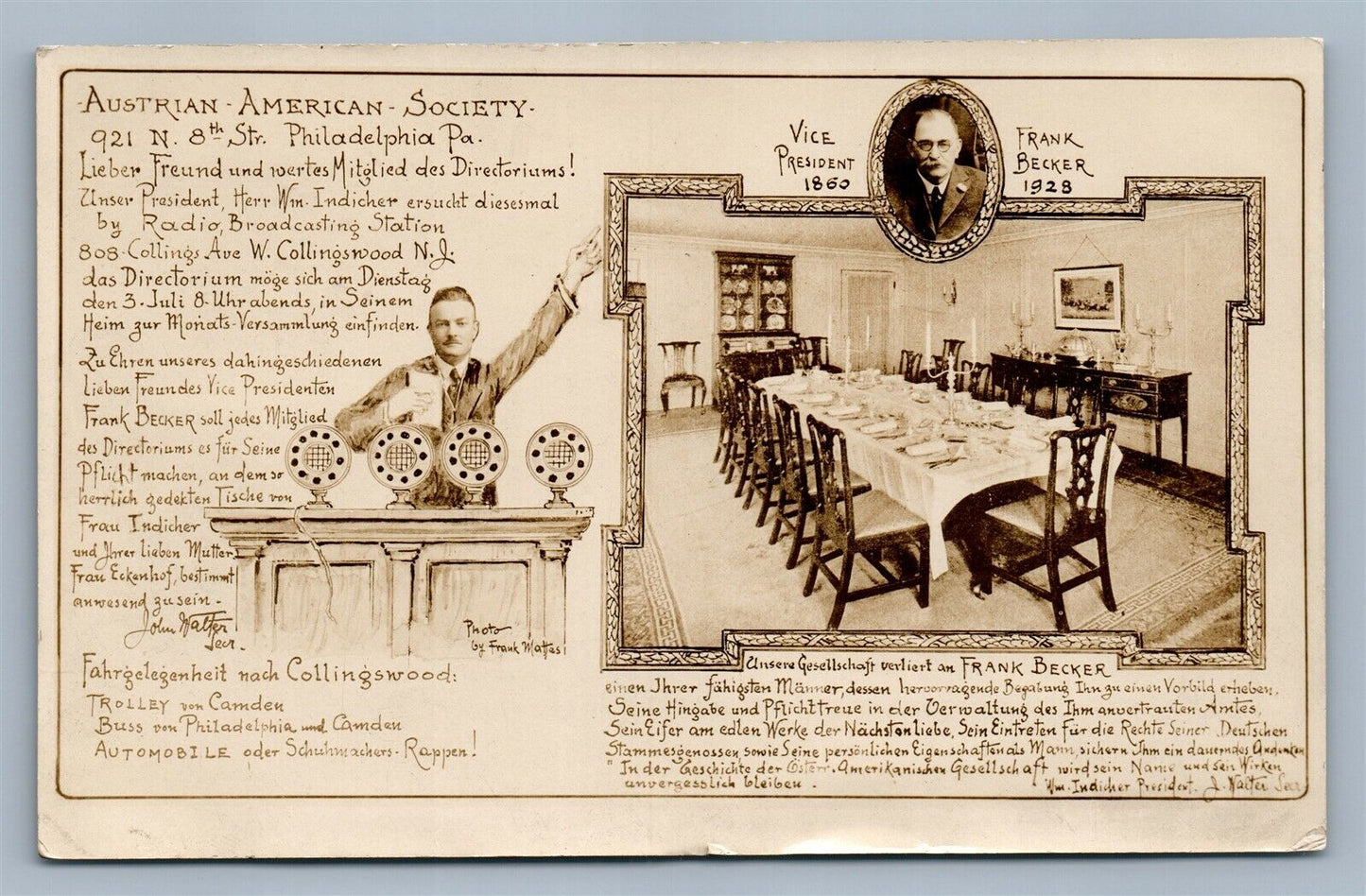 PHILADELPHIA PA AUSTRO AMERICAN SOCIETY 1928 ANTIQUE REAL PHOTO POSTCARD RPPC