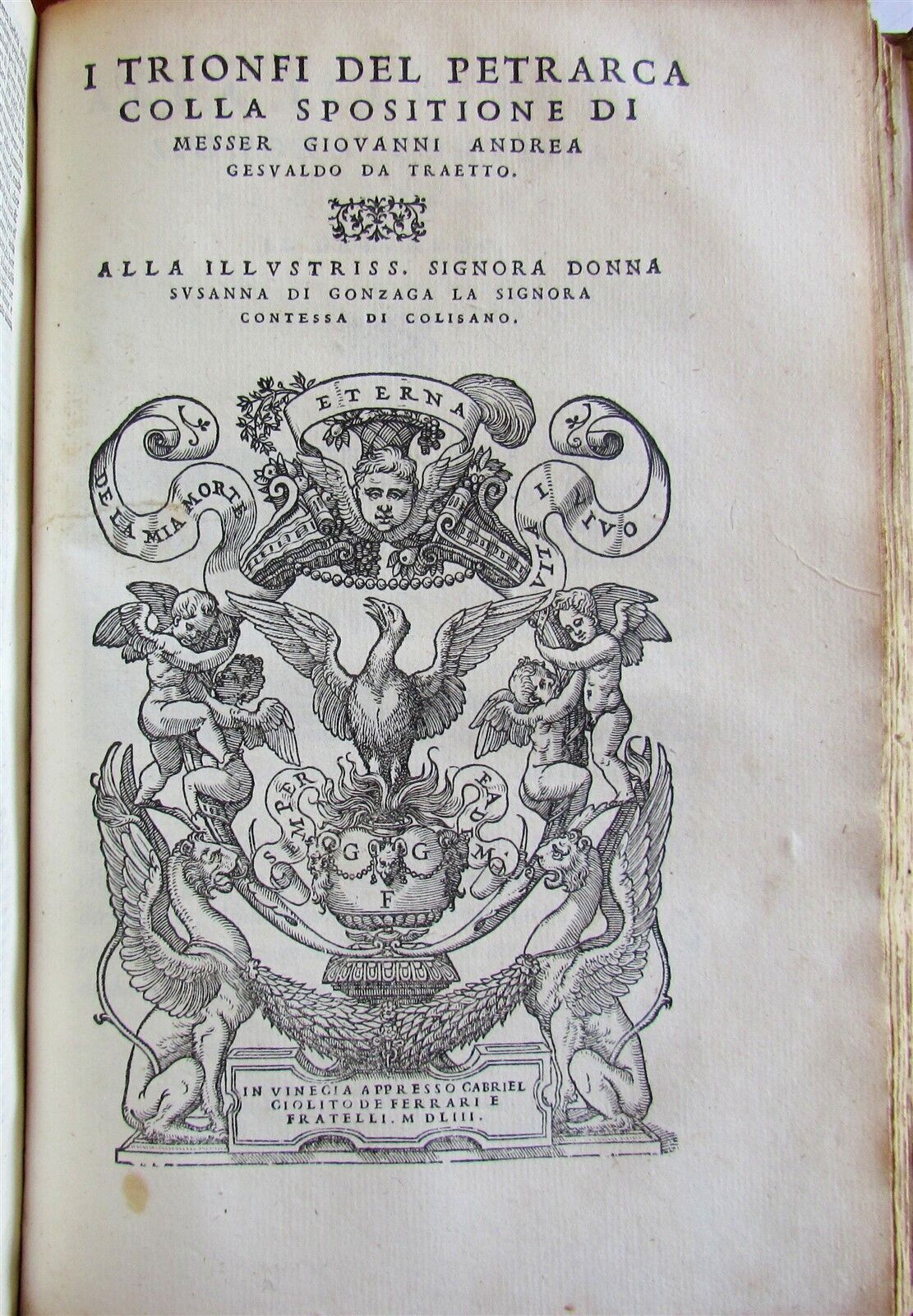 1553 PETRARCH VELLUM BINDING antique Con l'espositione di M. Giovanni Gesualdo