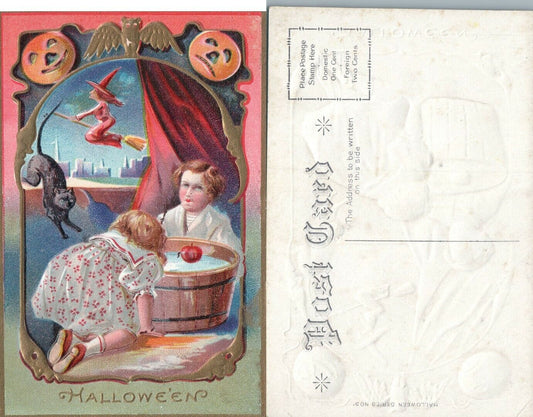 ANTIQUE EMBOSSED HALLOWEEN POSTCARD - FLYING WITCH BLACK CAT JACK-O-LANTERNS