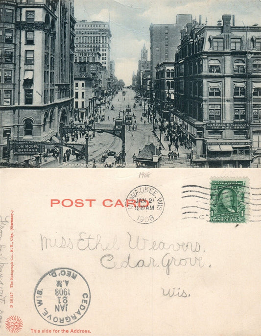 MILWAUKEE WI WISCONSIN STREET 1908 UNDIVIDED ANTIQUE POSTCARD