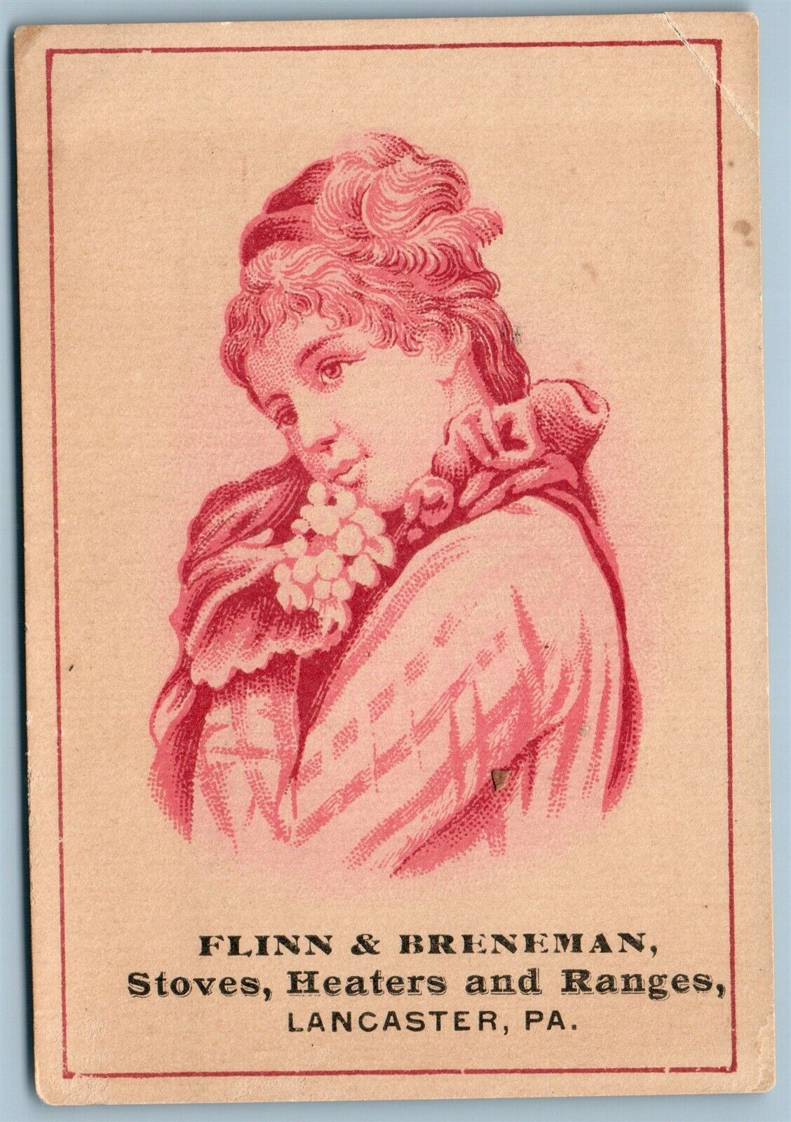 LANCASTER PA FLINN & BRENEMAN STOVES ANTIQUE ADVERTISING VICTORIAN TRADE CARD