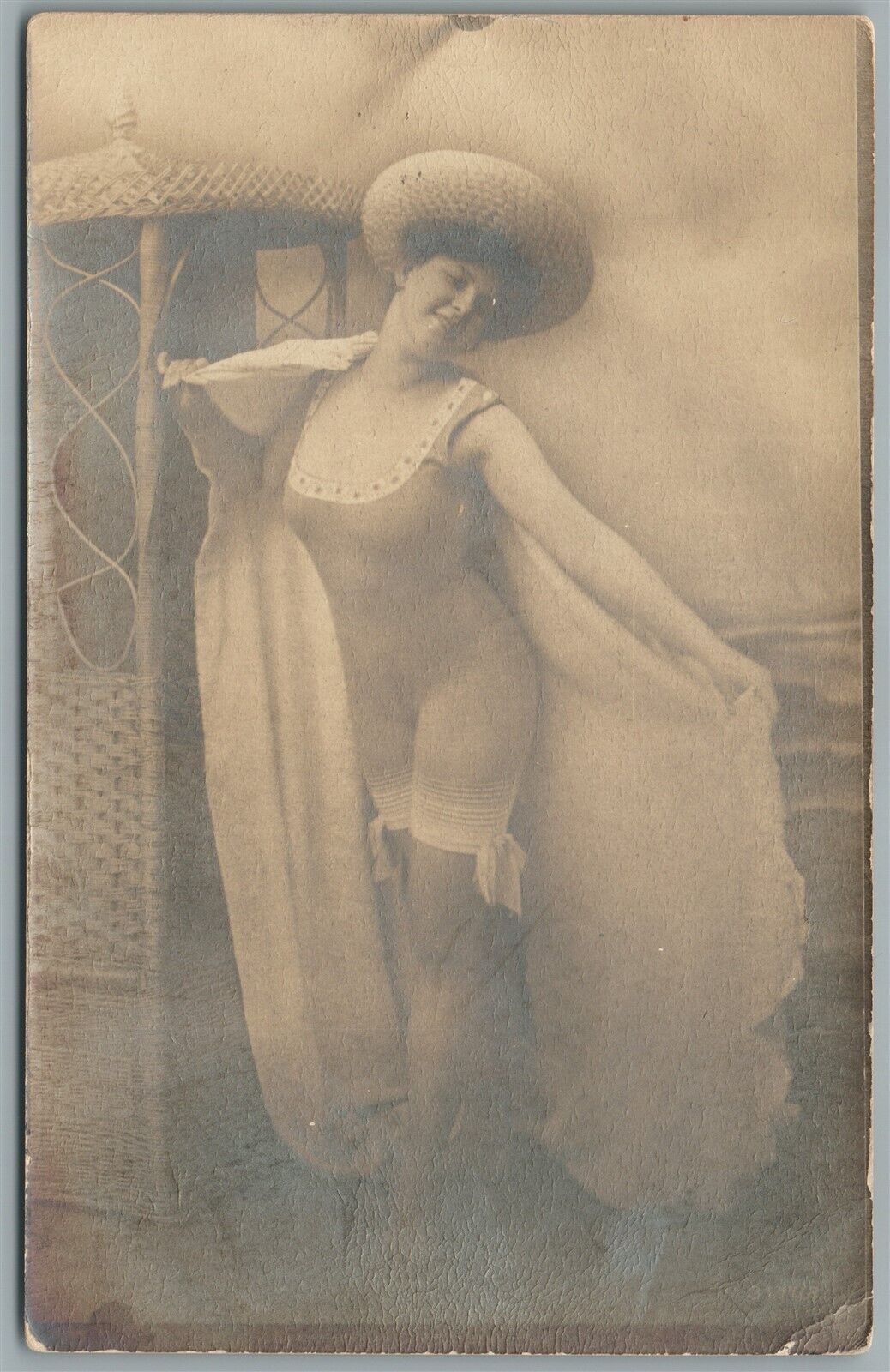 LADY in SWIMMING SUIT ANTIQUE REAL PHOTO POSTCARD RPPC