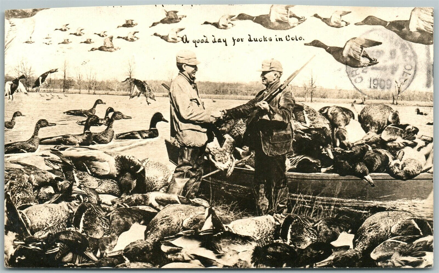 EXAGGERATED DUCK HUNTING IN COLORADO 1909 ANTIQUE REAL PHOTO POSTCARD RPPC