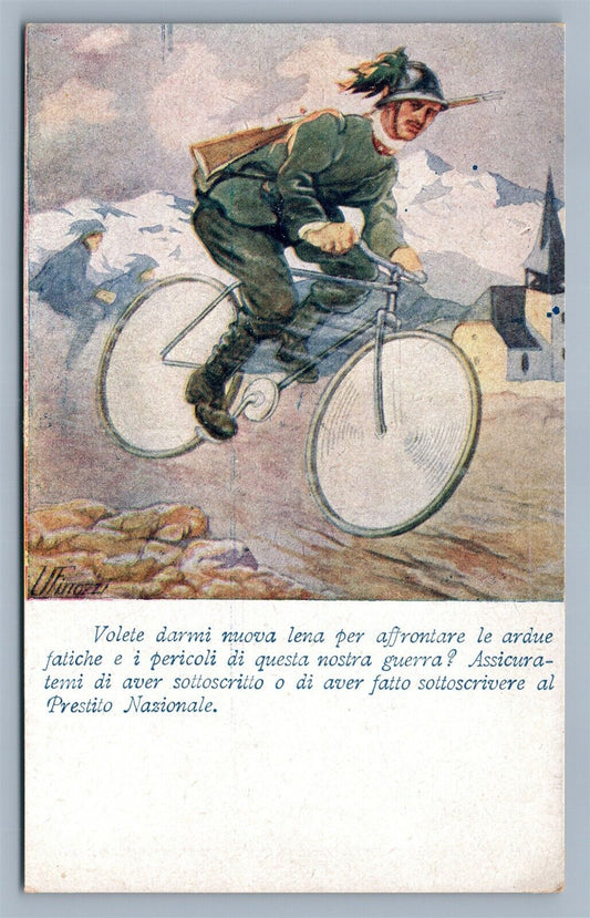 SOLDIER on BICYCLE MILITARY THEME ARTIST SIGNED ITALIAN ANTIQUE POSTCARD