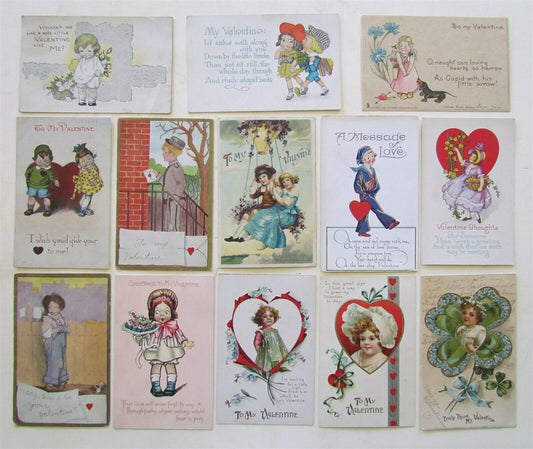 LOT of 13 VALENTINE EMBOSSED ANTIQUE POSTCARDS w/ BOYS GIRLS FLOWERS