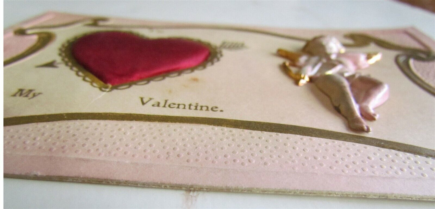 VALENTINE DAY ANTIQUE POSTCARD w/ APPLIQUE CUPID & SILK HEART