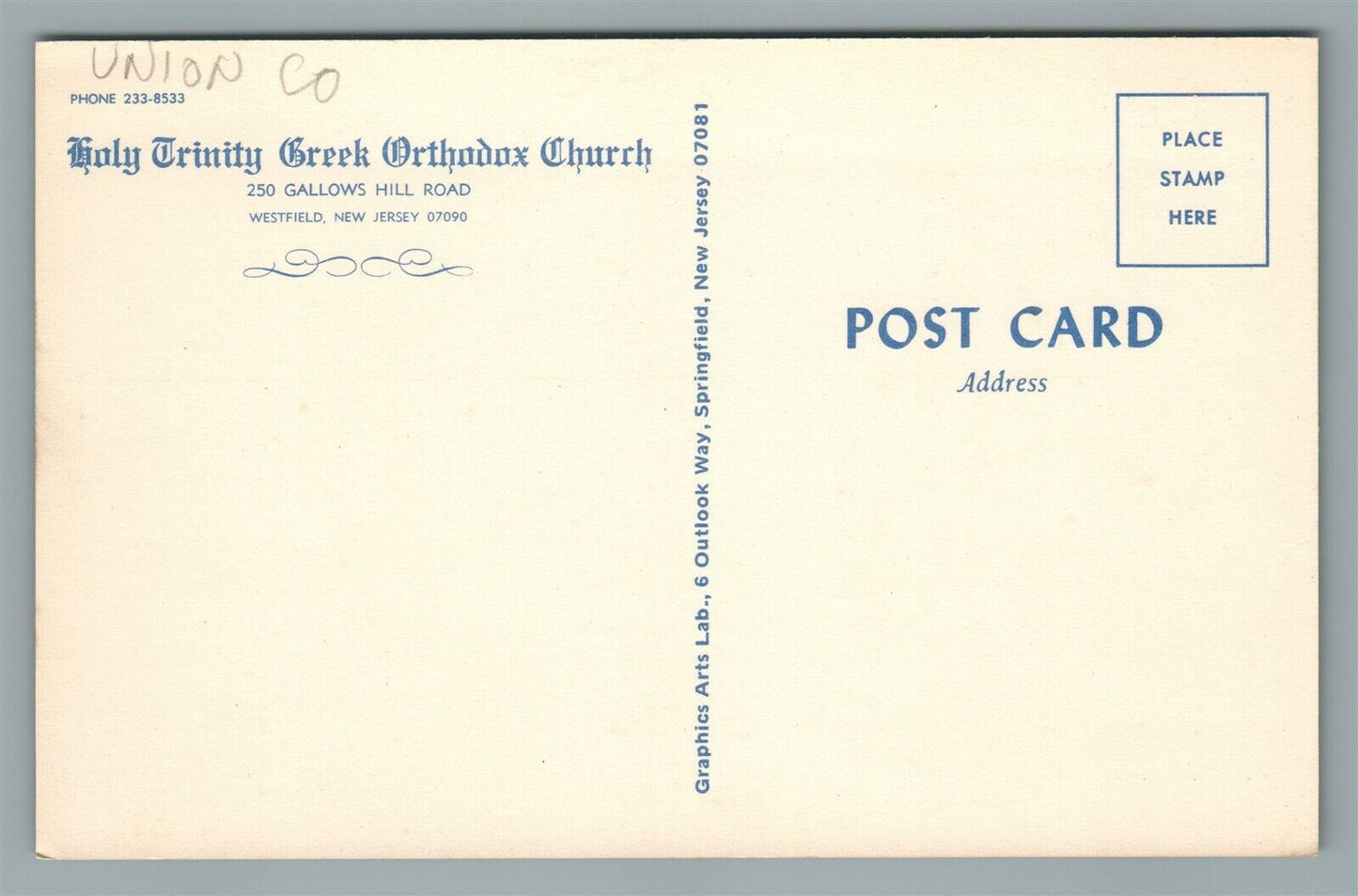 WESTFIELD NJ HOLY TRINITY GREEK ORTHODOX CHURCH VINTAGE POSTCARD