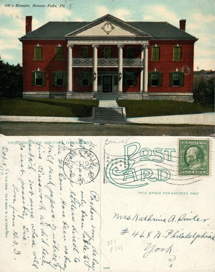 ELK'S TEMPLE BEAVER FALLS PA 1910 ANTIQUE POSTCARD