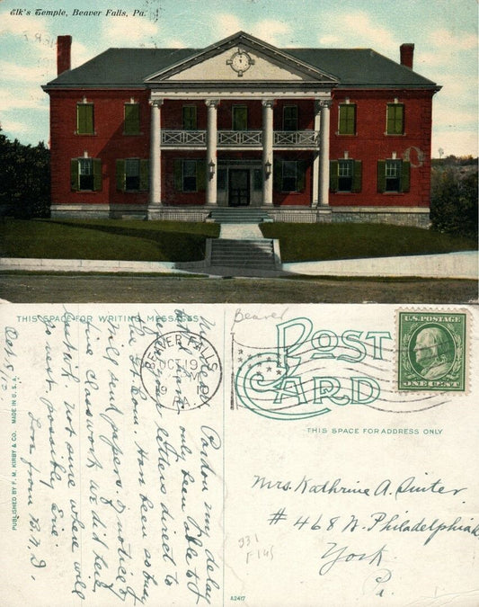 ELK'S TEMPLE BEAVER FALLS PA 1910 ANTIQUE POSTCARD