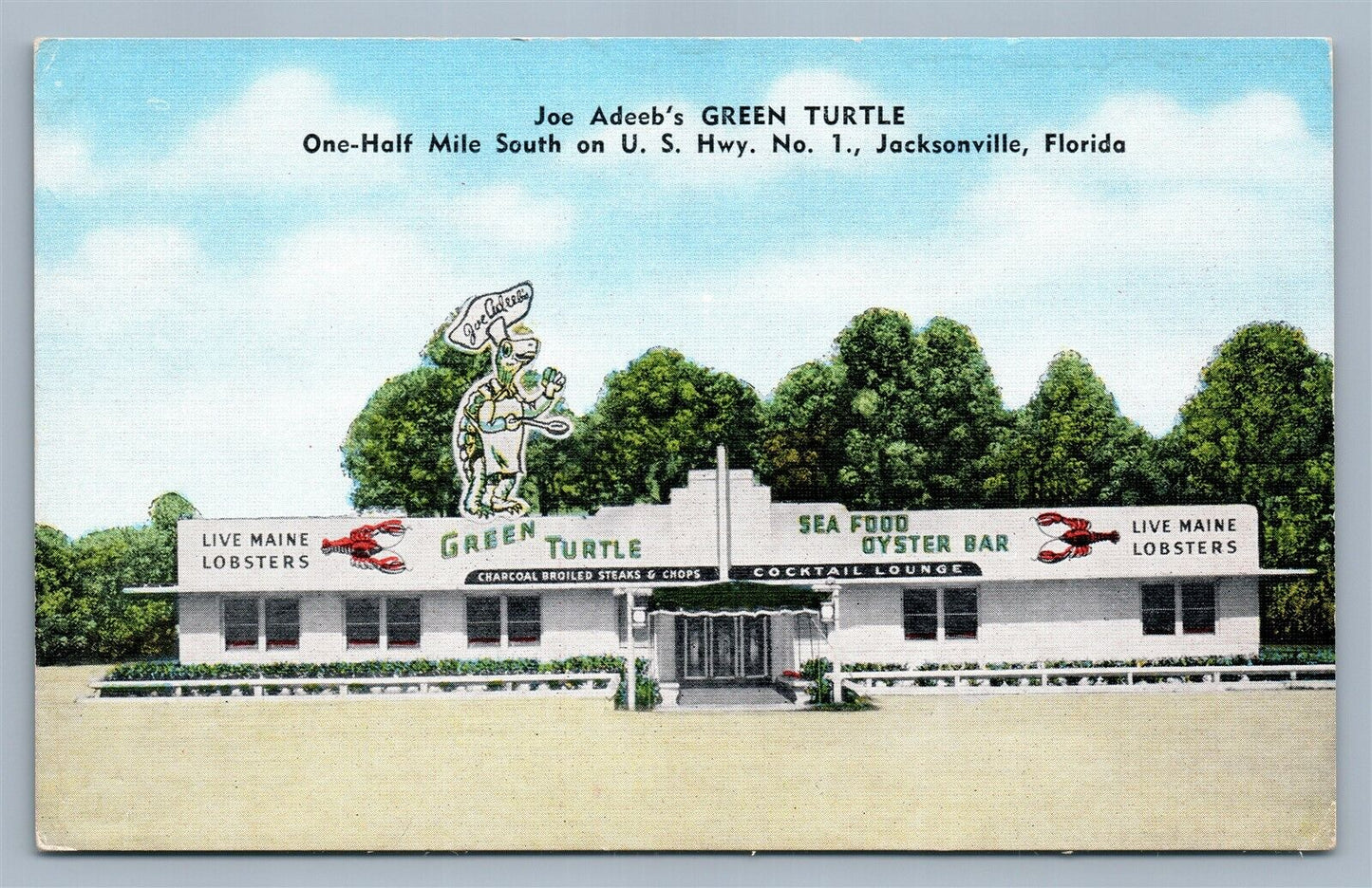 JACKSONVILLE FL JOE ADEEB'S GREEN TURTLE RESTAURANT ADVERTISING VINTAGE POSTCARD