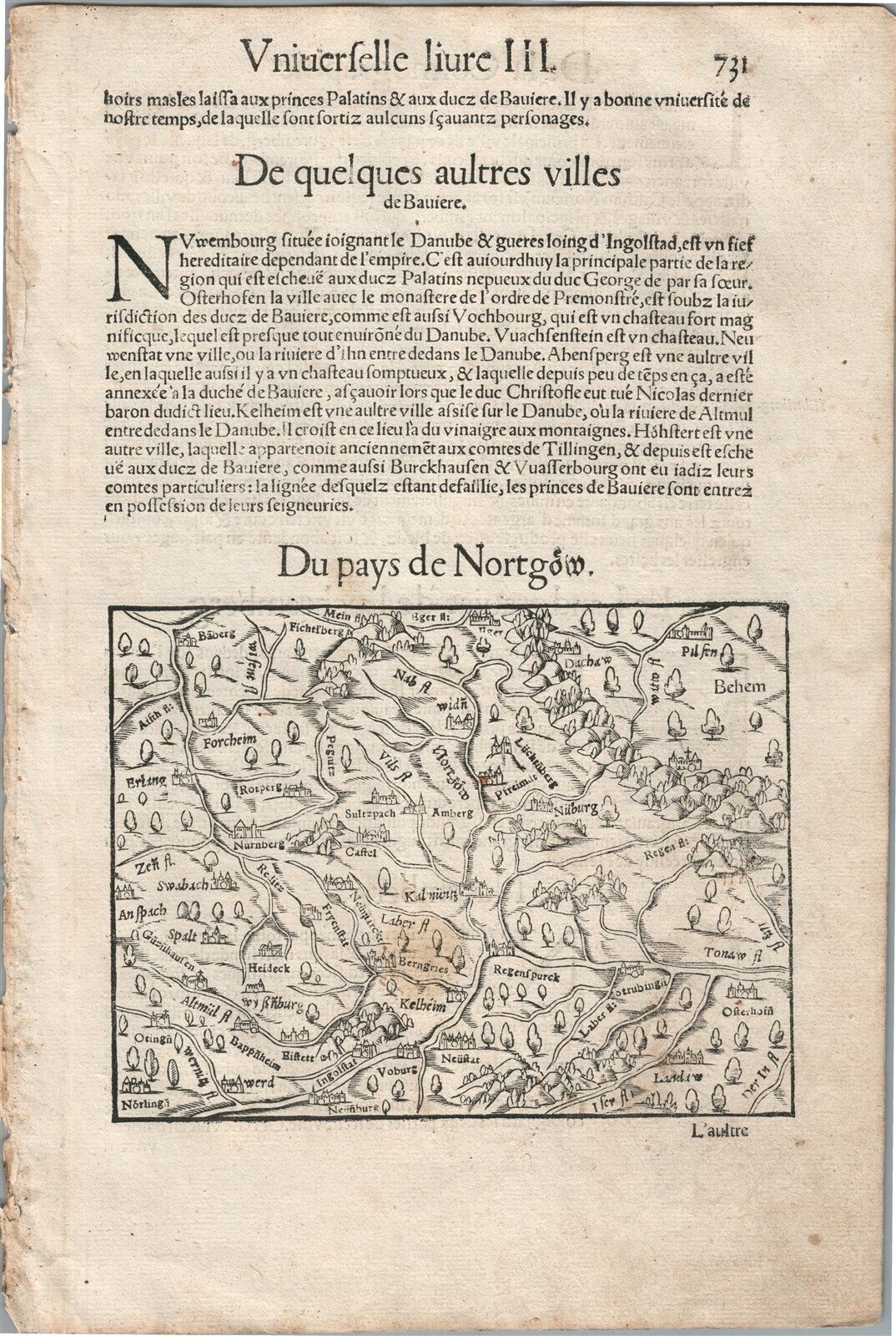 1575 NORDGAU GERMANY VIEW LEAF from BELLEFOREST EDITION of MUNSTER COSMOGRAPHY