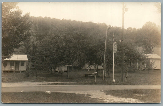 VILLAGE SCENE w/ SOCONY GASOLINE SIGN ANTIQUE REAL PHOTO POSTCARD RPPC