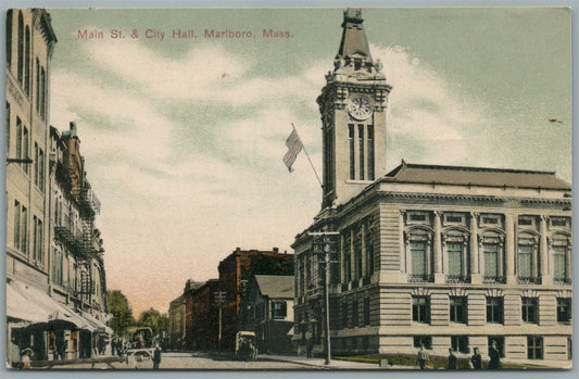 MARLBORO MA MAIN STREET & CITY HALL ANTIQUE POSTCARD