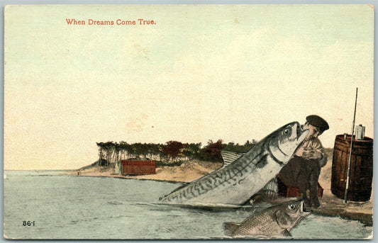 EXAGGERATED FISHING ANTIQUE 1913 POSTCARD