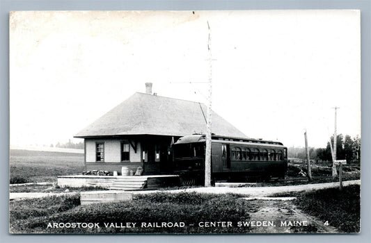 CENTER SWEDEN ME AROOSTOCK VALLEY RAILWAY DEPOT VINTAGE REAL PHOTO POSTCARD RPPC