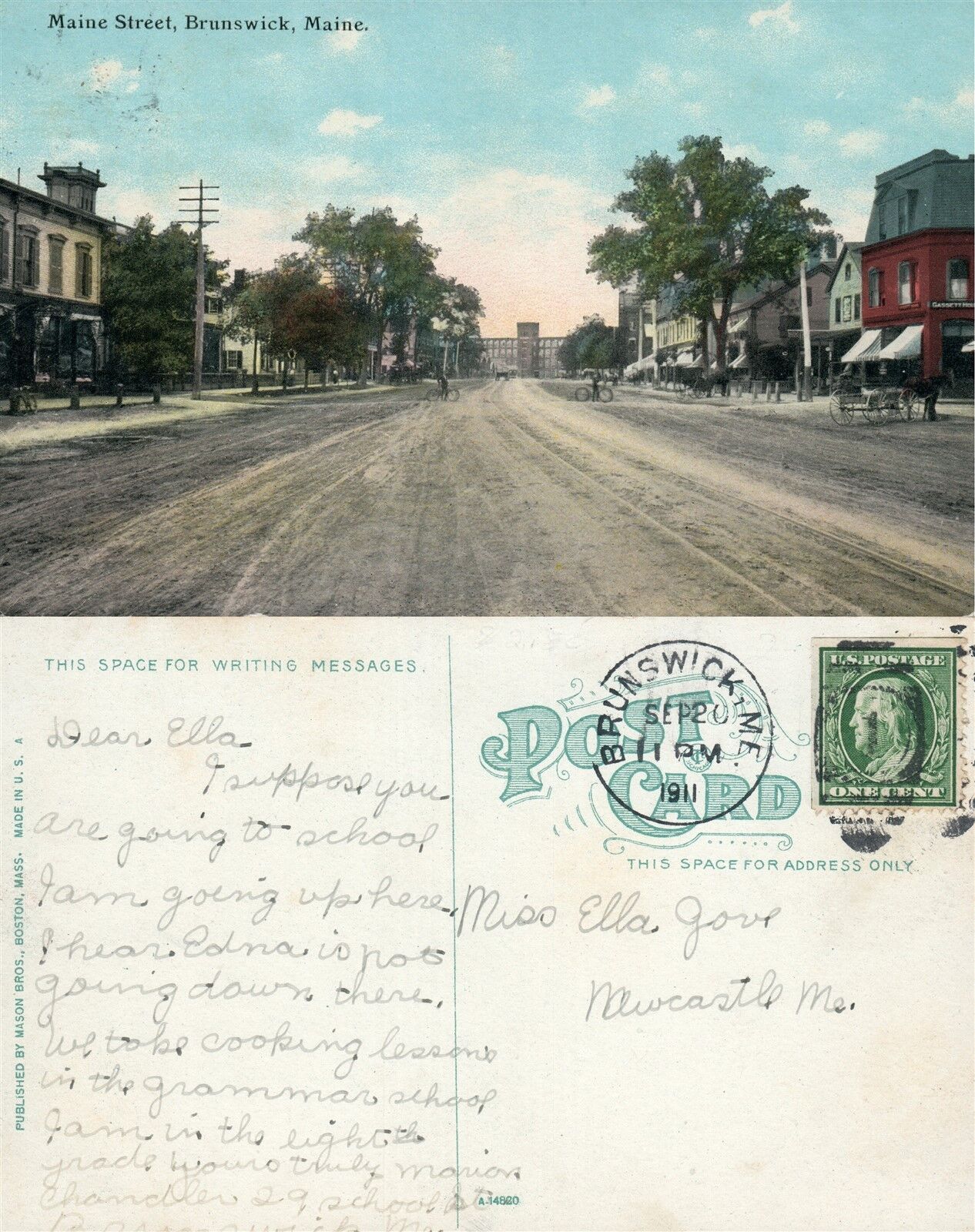 BRUNSWICK ME MAINE STREET 1911 ANTIQUE POSTCARD w/ CORK CANCEL