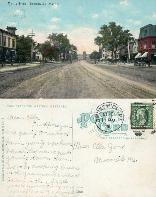 BRUNSWICK ME MAINE STREET 1911 ANTIQUE POSTCARD w/ CORK CANCEL