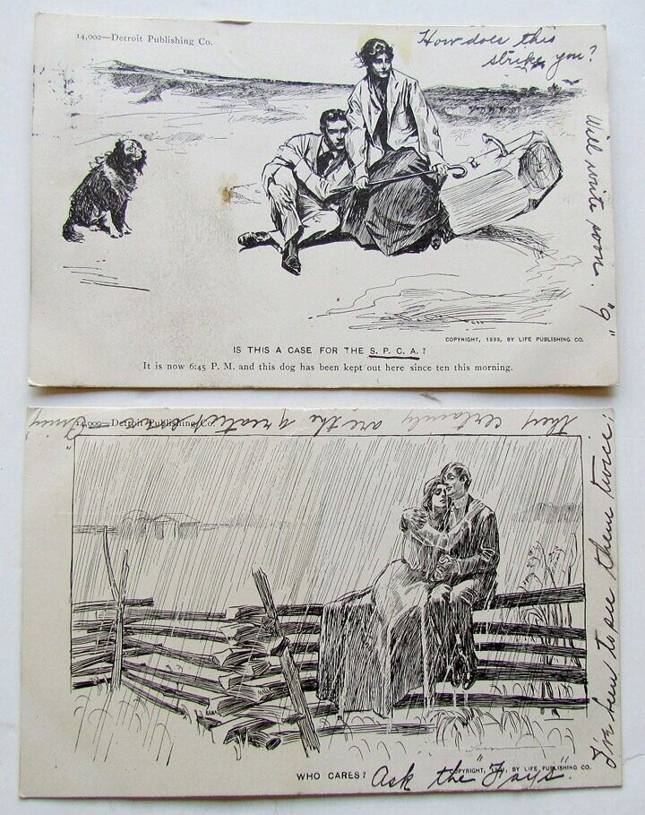 2 ANTIQUE 1906 ROMANTIC POSTCARDS WHO CARES & IS THIS A  CASE FOR S.P.C.A.