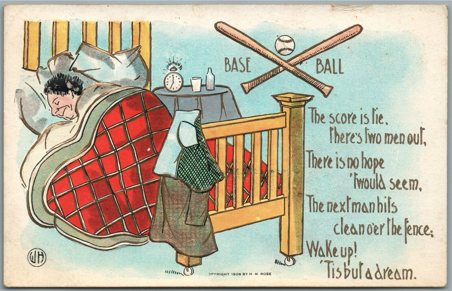 BASEBALL DREAM COMIC ANTIQUE POSTCARD by H.M.ROSE