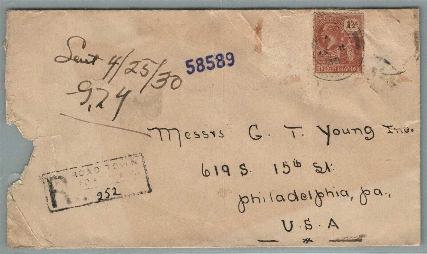 VIRGIN ISLANDS TO PHILADELPHIA USA VINTAGE 1930 COVER w/ STAMP