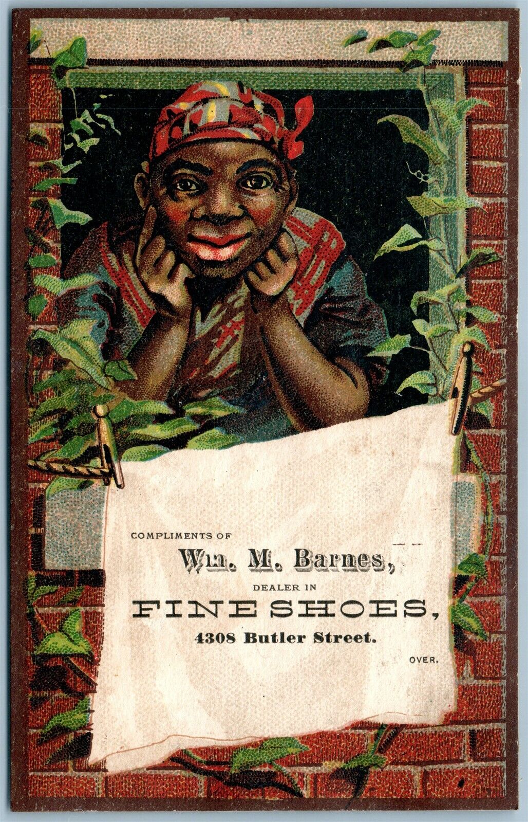 BLACK AMERICANA BARNES SHOE STORE ANTIQUE ADVERTISING VICTORIAN TRADE CARD