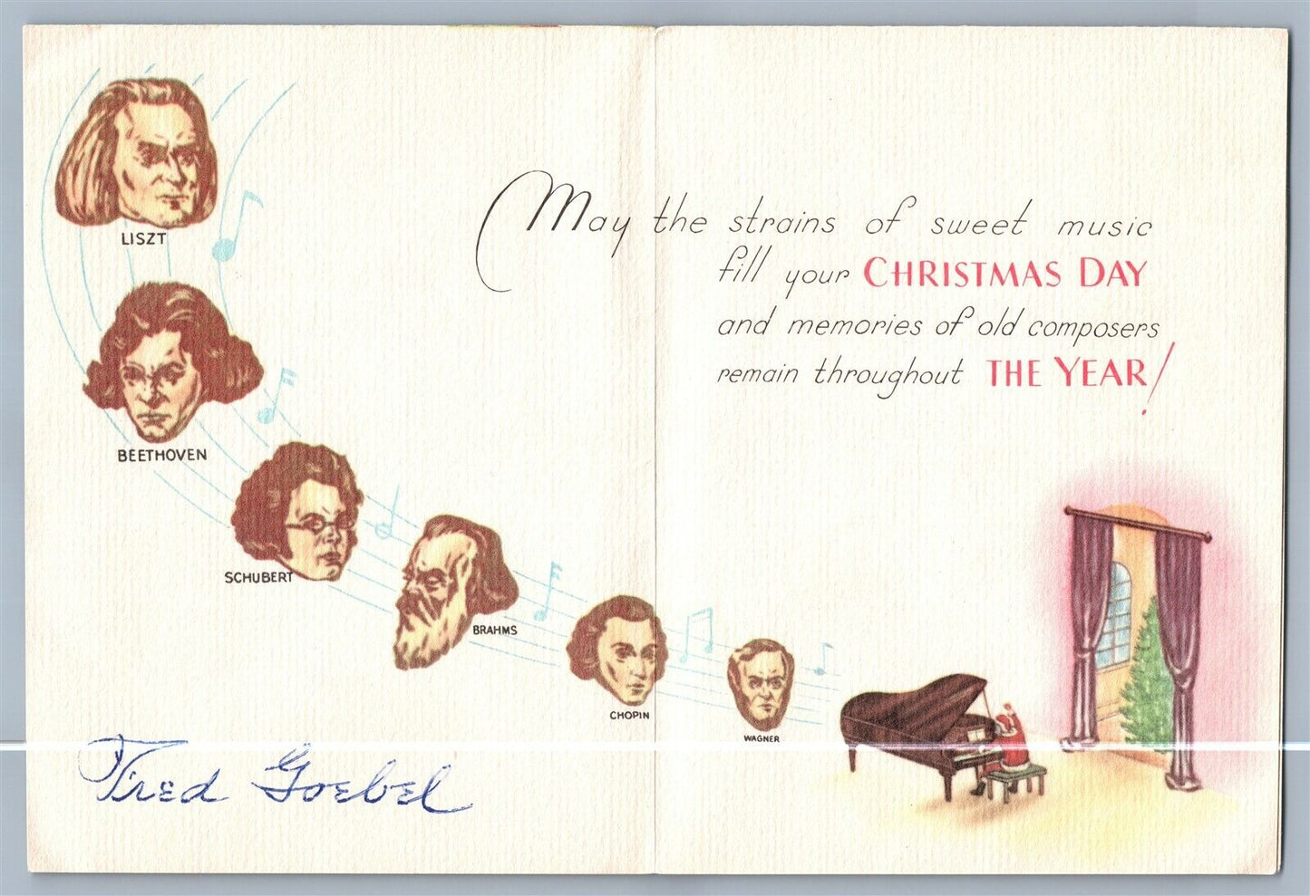 CHRISTMAS VINTAGE LARGE FOLDING POSTCARD w/ COMPOSERS & SANTA PLAYING PIANO