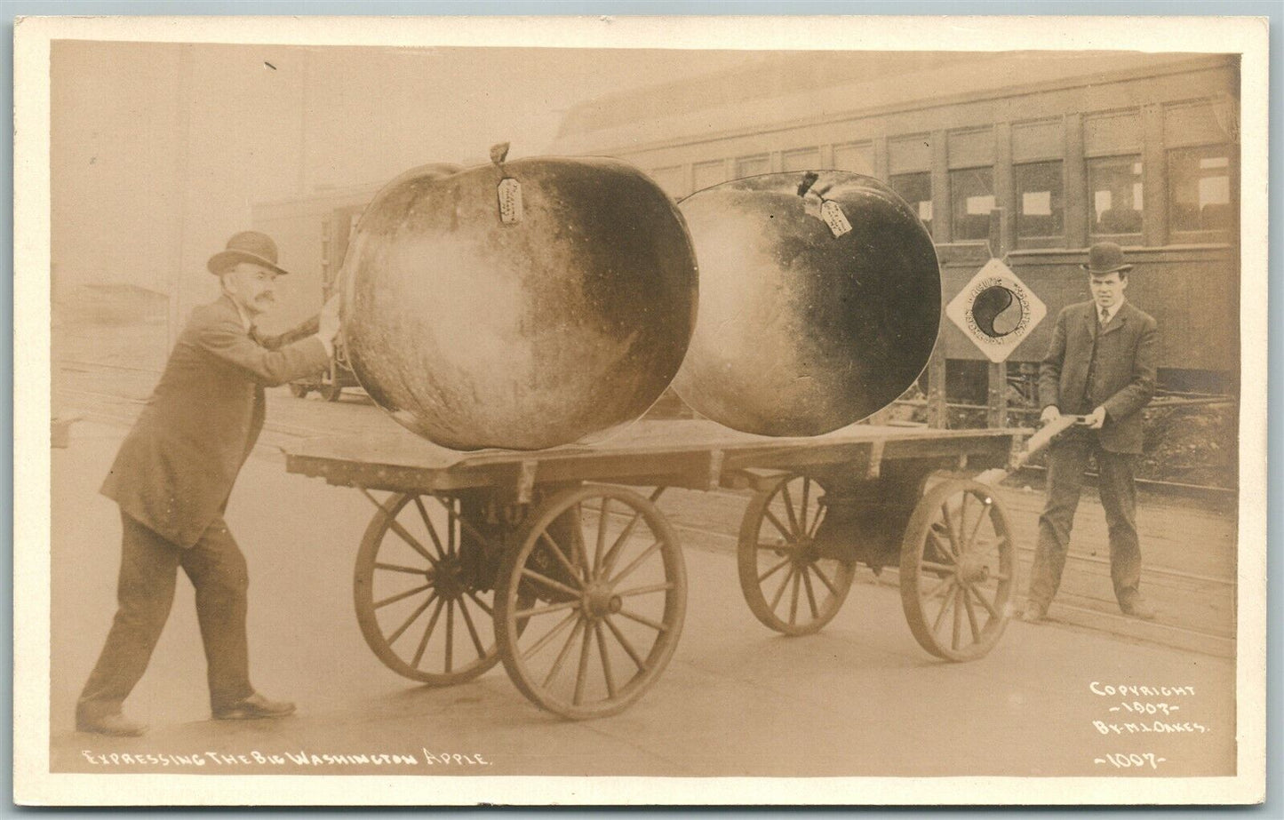 EXAGGERATED APPLE ANTIQUE PHOTO POSTCARD RPPC SOUTHERN PACIFIC EXPRESS TRAIN