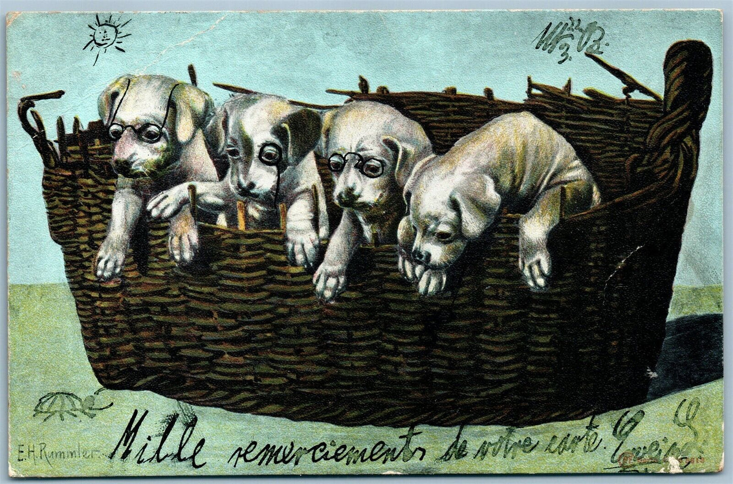 PUPPIES IN BASKET ARTIST SIGNED ANTIQUE POSTCARD w/ AUSTRIAN STAMP