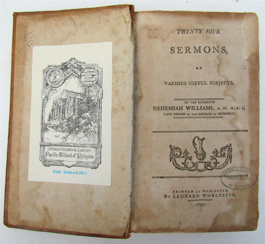 1797 TWENTY FOUR SERMONS by NEHEMIAH WILLIAMS antique WORCESTER AMERICANA