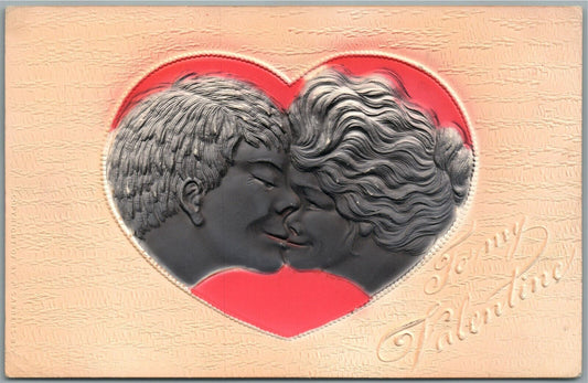 VALENTINE GREETINGS KISSING COUPLE EMBOSSED ANTIQUE POSTCARD