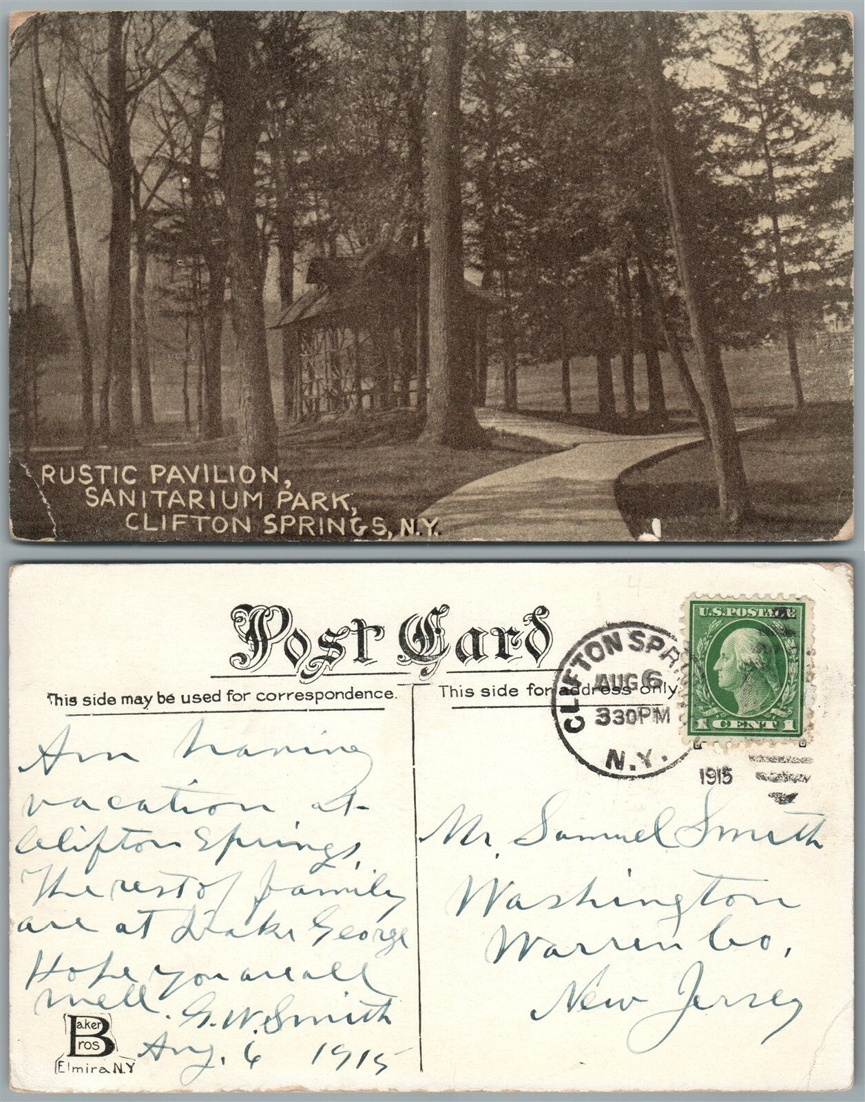 CLIFTON SPRINGS N.Y. SANITARIUM PARK RUSTIC PAVILION 1915 ANTIQUE POSTCARD