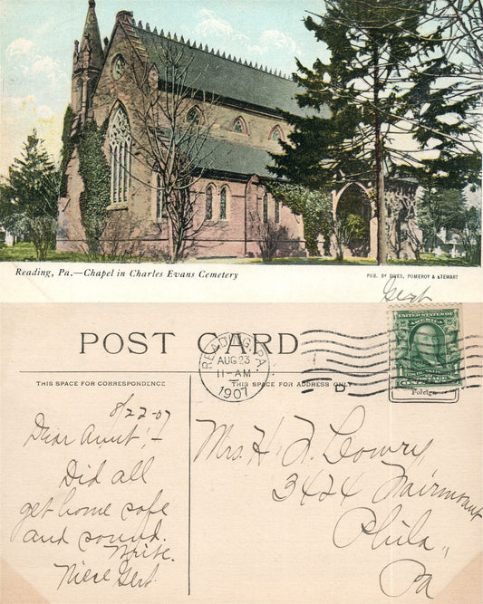 READING PA CHARLES EVANS CEMETERY 1907 ANTIQUE POSTCARD