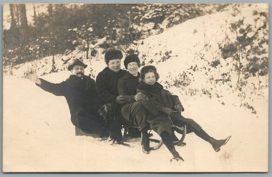 WINTER SPORT LUGE FAMILY FUN ANTIQUE REAL PHOTO POSTCARD RPPC