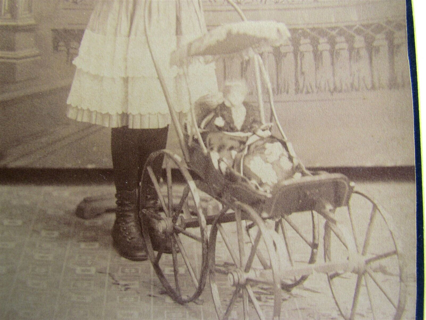 GIRL w/ DOLL IN STROLLER ANTIQUE VICTORIAN CABINET PHOTO