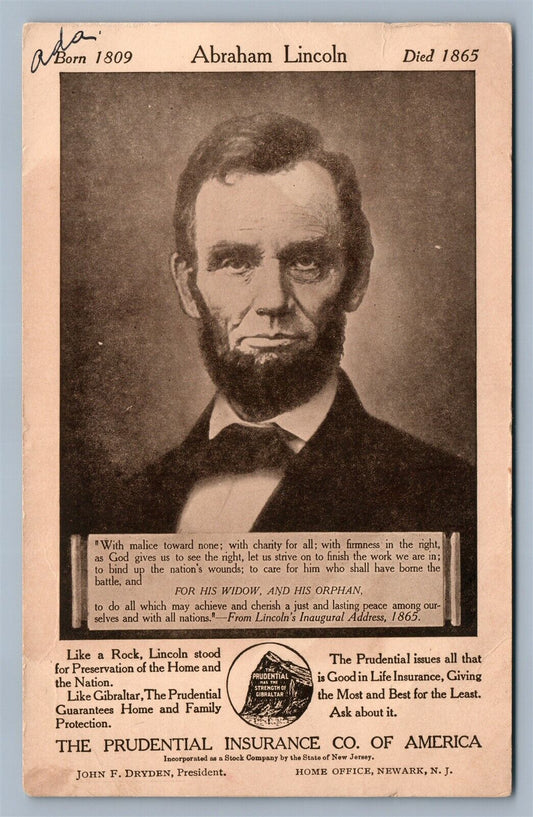 NEWARK NJ PRUDENTIAL INSURANCE ADVERTISING ANTIQUE POSTCARD w/ LINCOLN