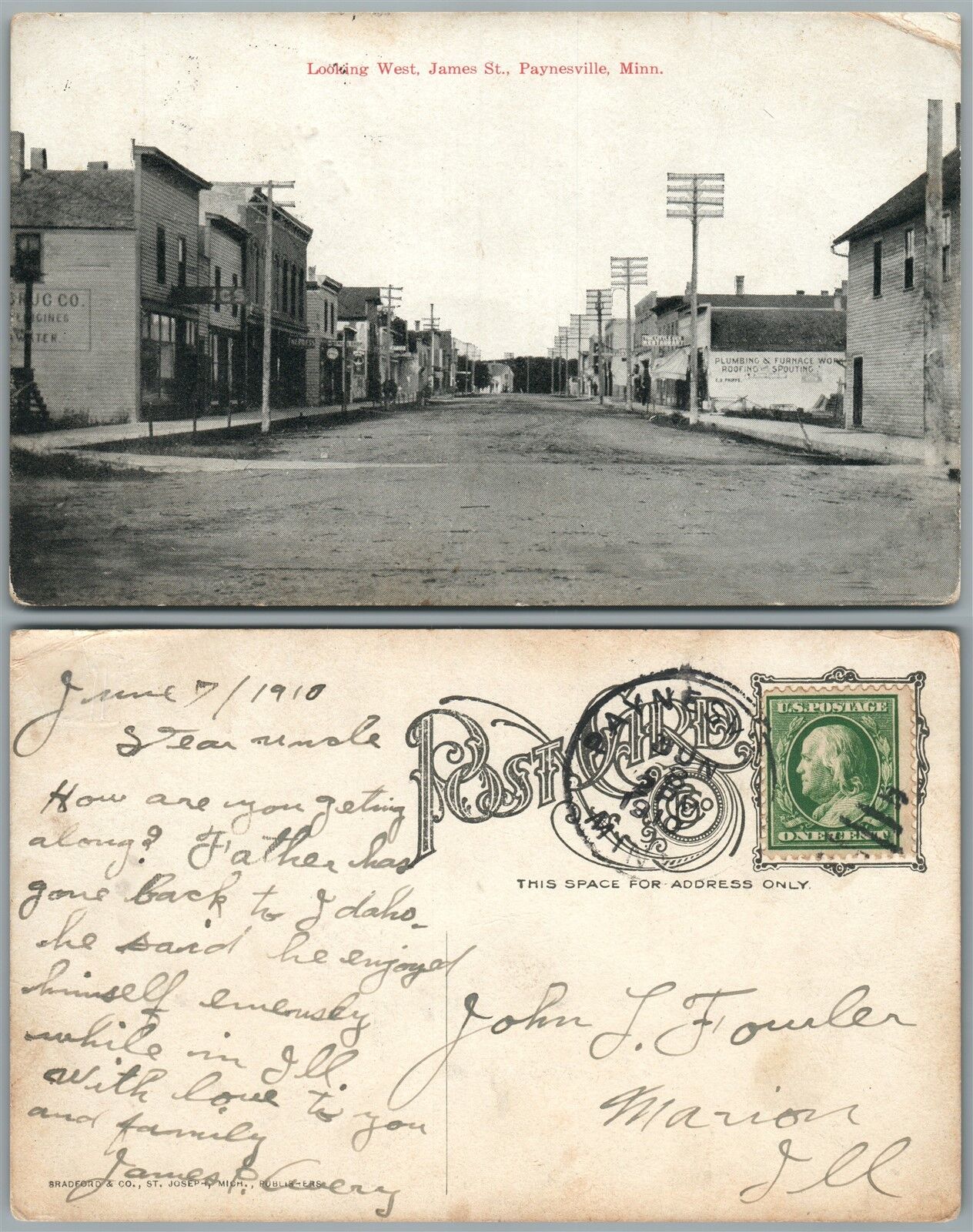 PAYNESVILLE MN JAMES STREET ANTIQUE 1910 POSTCARD