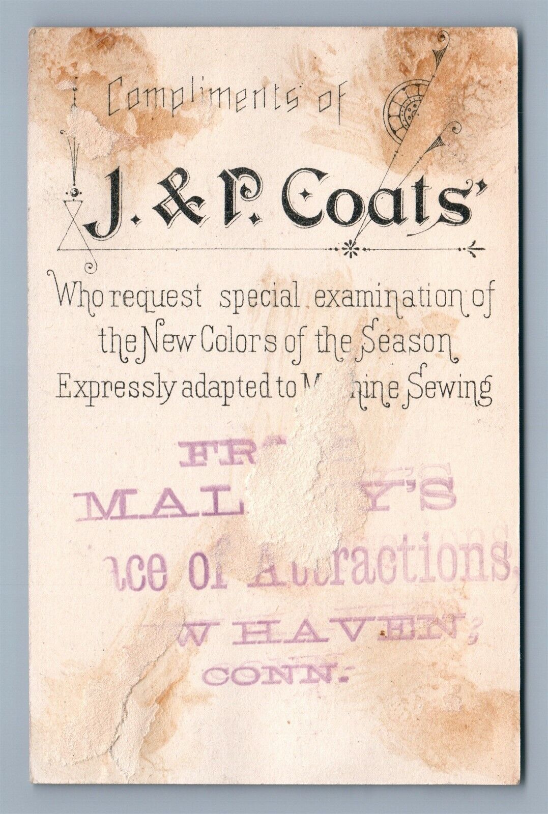 WEST HAVEN CT J. & P. COATS VICTORIAN TRADE CARD