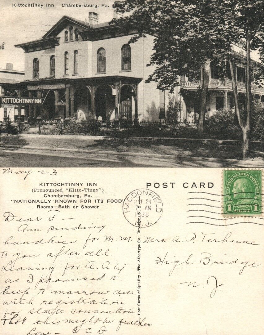 KITTOCHTINNY INN CHAMBERSBURG PA 1938 VINTAGE POSTCARD