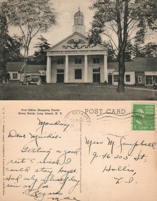 STONY BROOK LONG ISLAND N.Y. SHOPPING CENTER & POST OFFICE 1946 VINTAGE POSTCARD